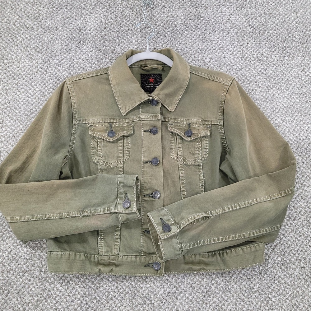 People's Liberation Womens Olive Green Denim Utility Jacket Size L Star Detail